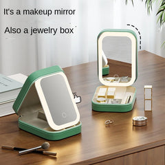 Multifunctional Led Make-up Mirror with Light Three-Color Adjustable Mirror Folding Integrated Jewelry Box Cosmetics Storage Box