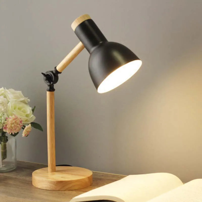 Wood Creative Nordic Table Lamp Wooden Art LED Turn Head Simple Bedside Desk Light/Eye Protection Reading&Bedroom Study Lamp E27