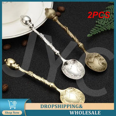 2PCS Ice Cream Spoons Carved Coffee Spoons Eastern Style Coffee Scoop Tea Spoon Retro Vintage