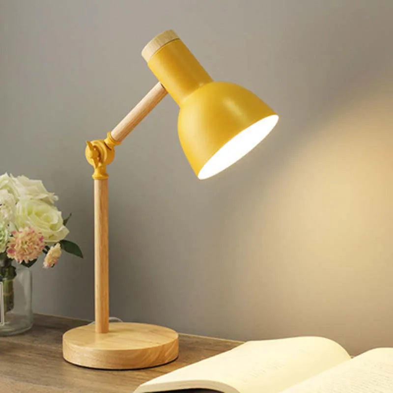 Wood Creative Nordic Table Lamp Wooden Art LED Turn Head Simple Bedside Desk Light/Eye Protection Reading&Bedroom Study Lamp E27